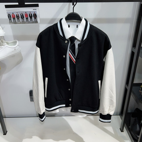 G家男女款羊毛呢拼皮袖棒球夹克