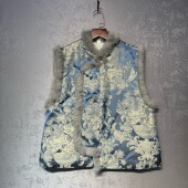 蓝色减龄洋气新中式 坎肩保暖上衣 真毛兔毛马甲女秋冬夹棉外穿无袖