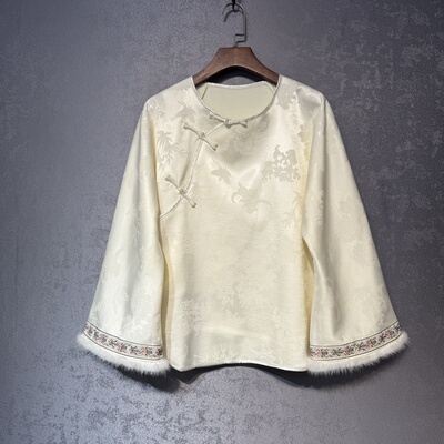 新中式加绒盘扣斜襟刺绣提花上衣2025秋冬新款国风袖口水貂毛小衫