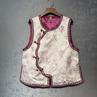 国风斜襟盘扣马甲女复古提花坎肩背心上衣 新中式 粉黛2025秋季 新款