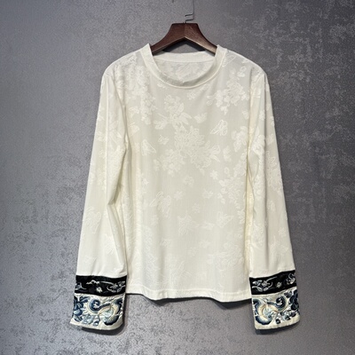 新中式国风 [月下] 针织提花袖口刺绣玉兰花打底百搭年轻内搭纯色