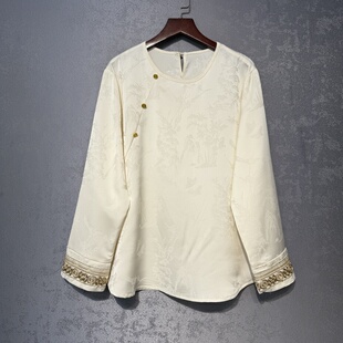 新中式白色提花衬衫女春季圆领内搭打底轻国风马甲盘扣仿真丝上衣