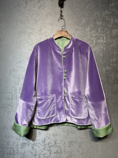 两面两穿明星同款新中式桑蚕丝撞色真丝丝绒提花玉石盘扣外套