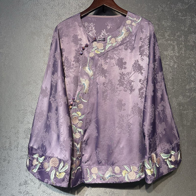 格格服新中式国风重工刺绣花真丝衬衫女春秋季复古盘扣桑蚕丝上衣