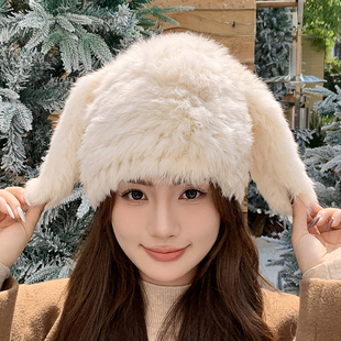 可爱垂兔耳朵真兔毛帽子女秋冬毛线帽加厚防寒保暖毛绒皮草毛毛帽
