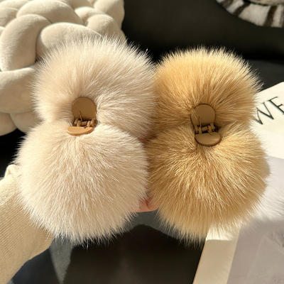 后脑勺盘发发饰真狐狸毛毛球抓夹