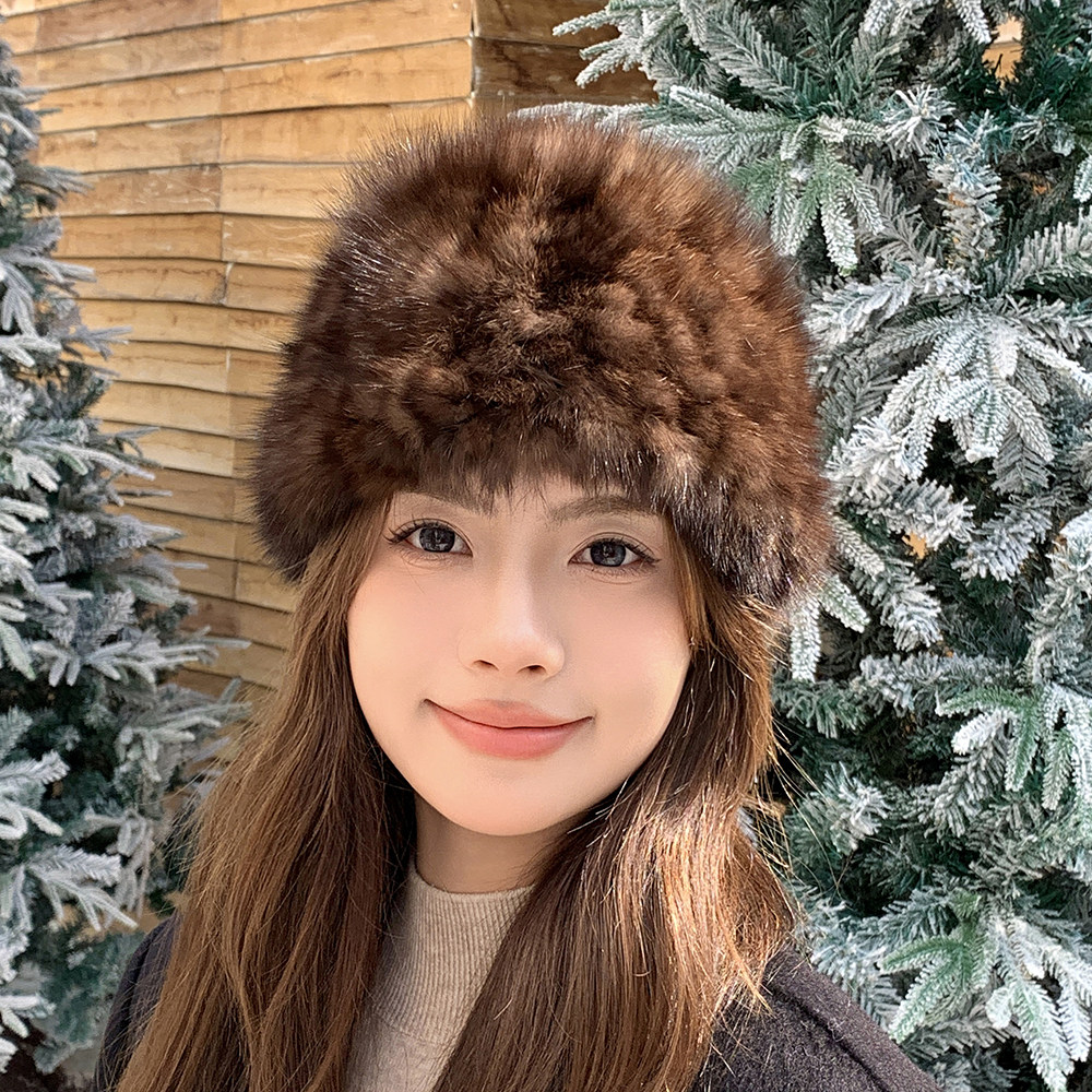 气质紫貂毛编织弹力围脖帽子两用