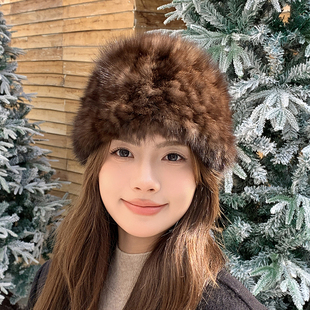 气质紫貂毛编织弹力围脖帽子两用女士皮草发箍带冬季保暖脖套围巾