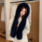 走秀款 狐狸毛风雪帽冬季 保暖旅行真毛围巾帽子皮草披肩女普鲁士蓝