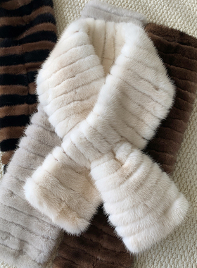 新款奢级中古咖色拼接水貂皮草围巾女秋冬季双面毛加长皮草毛围脖