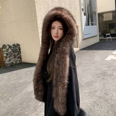 狐狸毛护耳帽风雪帽围巾帽子一体帽保暖高级感紫貂色双面加厚毛绒