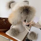 新款 狐狸毛毛线帽可爱小熊帽马海毛混纺毛绒护耳帽皮草帽子女秋冬