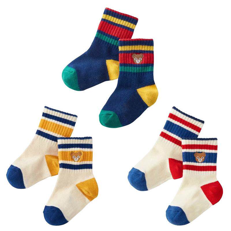 日本潮牌童装男女童运动袜子日系卡通可爱小熊条纹拼色宝宝中筒袜