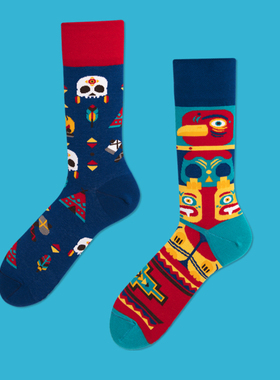 买4送1 复古不对称AB袜子女中筒袜纯棉高筒长筒小腿时尚ins潮情侣