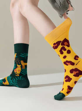 买4送1 袜子女原创AB潮袜不对称图鸳鸯袜ins中高筒个性街头百搭