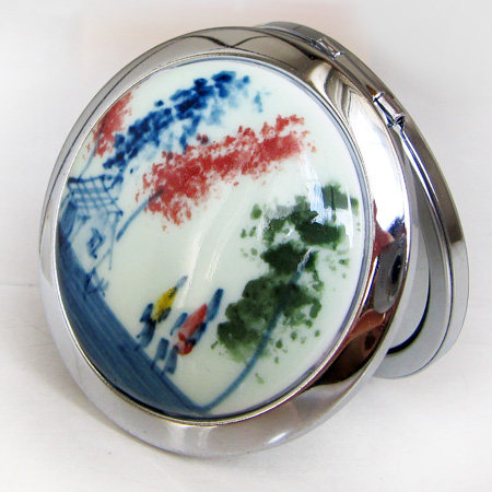 瓷堂月色 陶瓷文化创意化妆镜 青瓷手绘釉下青花五彩风景双面镜子