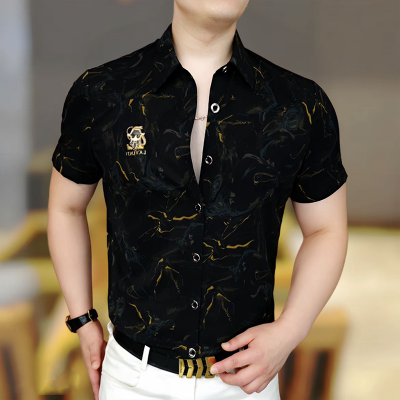 2026新款夏季衬衫短袖商务休闲个性男士百搭翻领纽扣帅气欧货上衣