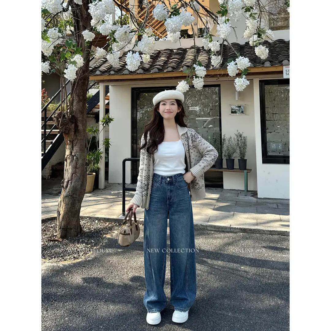 王家有鱼【大姚小姚】小个子复古深蓝弯刀阔腿裤女款2026春季牛仔