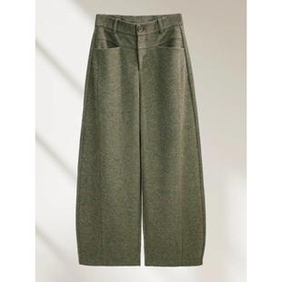 宽松垂感直筒裤 流行爆款 子 女2025冬季 芥绿色加绒羊毛呢高腰阔腿裤