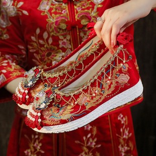 大码古风汉服婚鞋中式流苏秀禾鞋新娘结婚鞋明制古装绣花鞋女平底