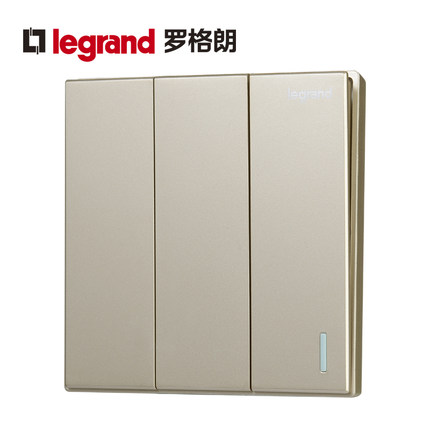 TCL罗格朗开关插座 仕典金色三开单控带荧光三位单极墙壁电源86型