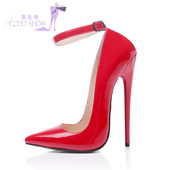 恨天高大码 2022春秋新款 性感超高跟16cm系带细跟漆皮尖头单鞋