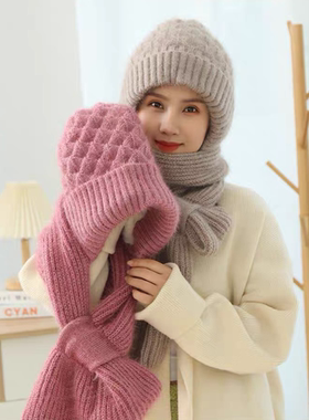 加绒冬季女士帽子围巾一体骑电动车保暖帽东北防寒风雪帽女款加厚