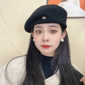 黑色贝雷帽女秋冬显脸小高级感帽子蓓蕾新款 小标毛呢画家帽 秋冬款