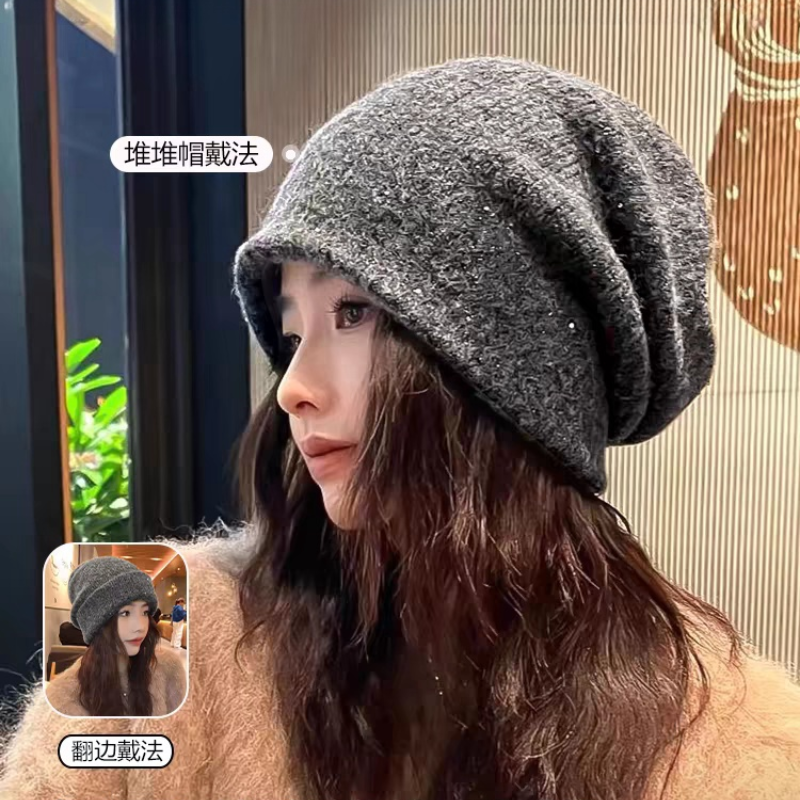 出游优雅女性秋冬平檐亮片毛线帽