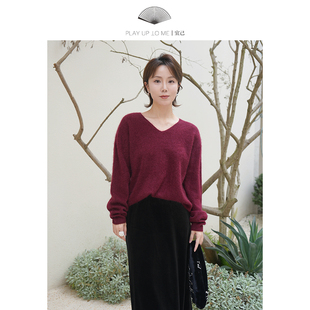 女 V领加厚宽松羊毛针织衫 宜己2025秋冬新款 棉花糖