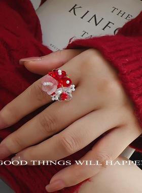 可爱红色花花串珠戒指