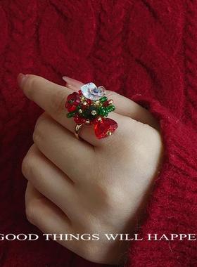 手工串珠自制圣诞戒指红配绿小花节日氛围感个性礼物闺蜜指环开口