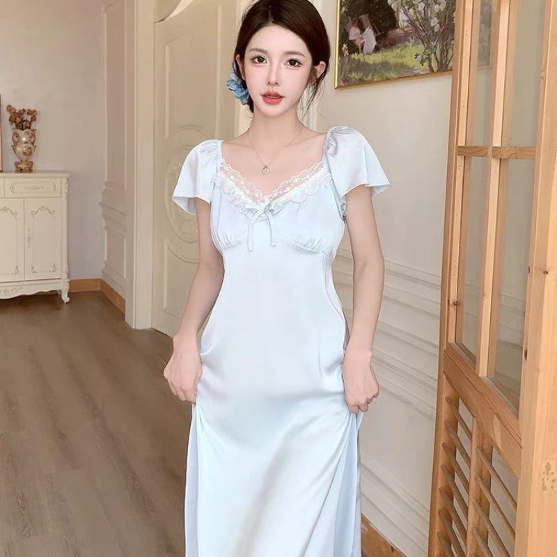 2025夏季新款甜美冰丝睡裙女带胸垫性感睡衣薄款长款宫廷风