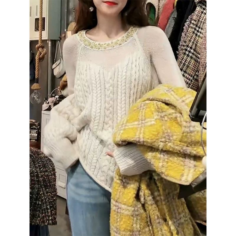 YUNS秋季马海毛轻奢重工慵懒风针织衫上衣女宽松显瘦镂空长袖百搭