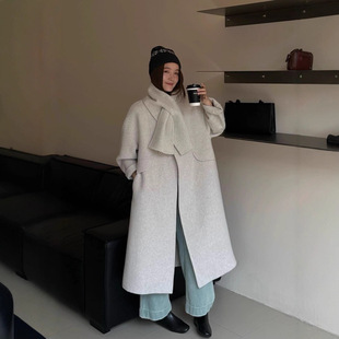 双面羊毛大衣女围巾新款纯色圆领加长款外套加厚羊绒毛呢宽松外套