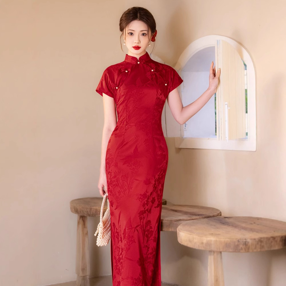 红色旗袍敬酒服新娘女2025春秋新款中式订婚连衣裙回门出阁宴礼服