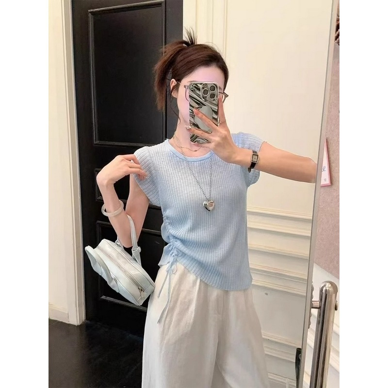 YUNS甜美气质侧抽绳冰丝短袖2025夏季韩版休闲减龄针织小衫上衣