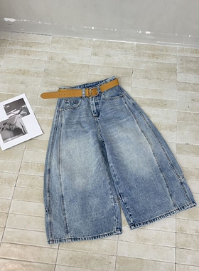 欧洲站2026春季新款时尚高腰显瘦弯刀牛仔裤宽松拼接七分裤配腰带