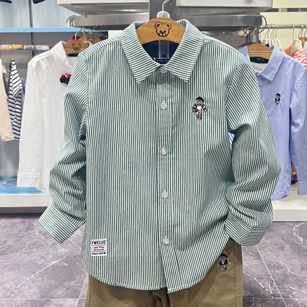 小熊童装2025秋季款男童纯棉绿条纹衬衣中大童洋气学院风衬衫外套