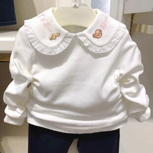 25春秋款儿童童装女童纯棉娃娃领蕾丝边白色衬衫打底T恤儿童上衣