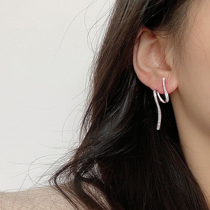显瘦又高级】通体s925纯银镶钻耳坠气质耳钉女简约波浪线条耳环
