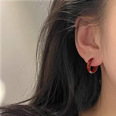 通体925纯银红色新年款耳扣 简约百搭耳圈大耳垂可戴耳环女耳钉