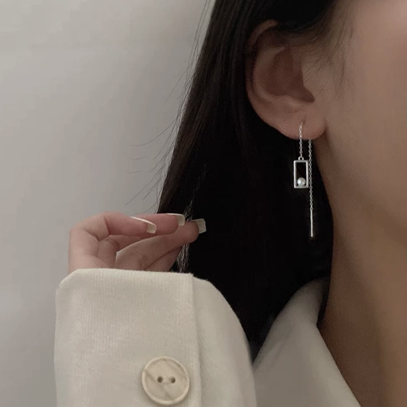 通体s925纯银长款耳线 简约时髦百搭气质防过敏珍珠韩版耳坠耳环