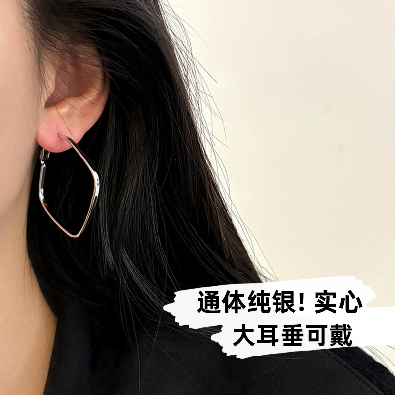 夸张方形大耳圈】通体s925纯银镀白金素圈耳环精致百搭耳扣女气质