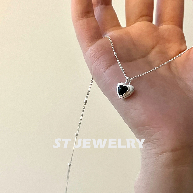 ST饰物黑色爱心925纯银女项链