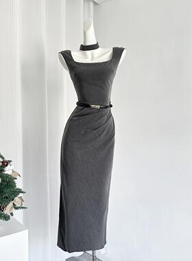 【miu系2.0】高ji感灰色高腰连衣裙女气质显瘦开衩包臀裙 2024秋