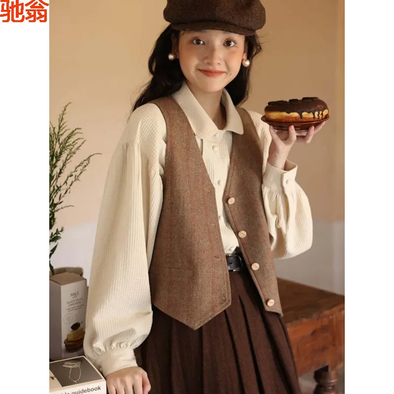 B7C英伦学院风西装衬衫女春秋短款格子休闲小背心马甲半身裙套装