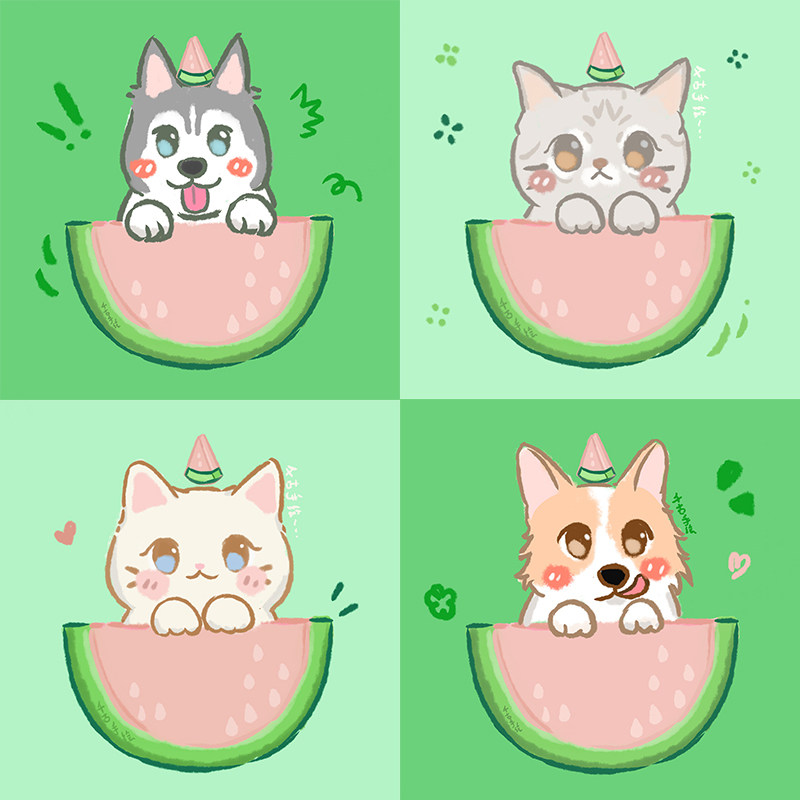 水果可爱风物定制 头像宠物猫猫类绘画 板绘构图宠物约稿大头尺寸
