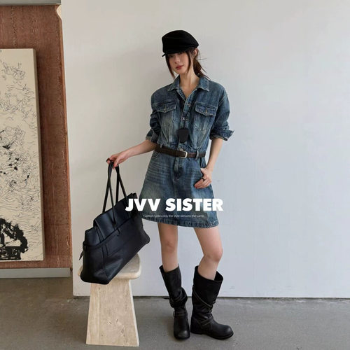 JVV十三行2026秋季新款复古水洗牛仔连衣裙显瘦工装牛仔短裙91065