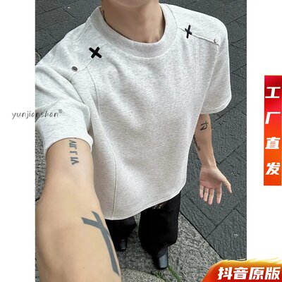 云涧山美式复古拼接短袖T恤男夏